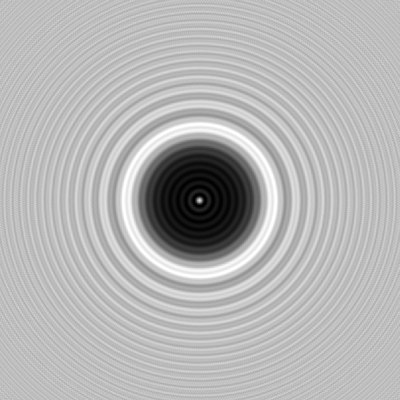Arago spot observed with a 2 mm diameter circular disc. The relative size of the central bright spot increases compared to the disc diameter, as diffraction effects become more pronounced with smaller obstacles. Image captured at 1 m distance using 633 nm laser light.