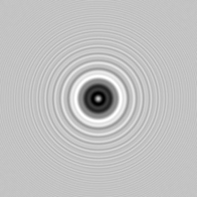 The Arago spot is the bright spot which occurs at the center of the shadow of a circular disc and which is caused by diffraction. The disc has diameter 4 mm, 2 mm and 1 mm, from left to right, the wavelength is 633 nm and the intensity is recorded at 1 m behind the disc and has width of 16 mm