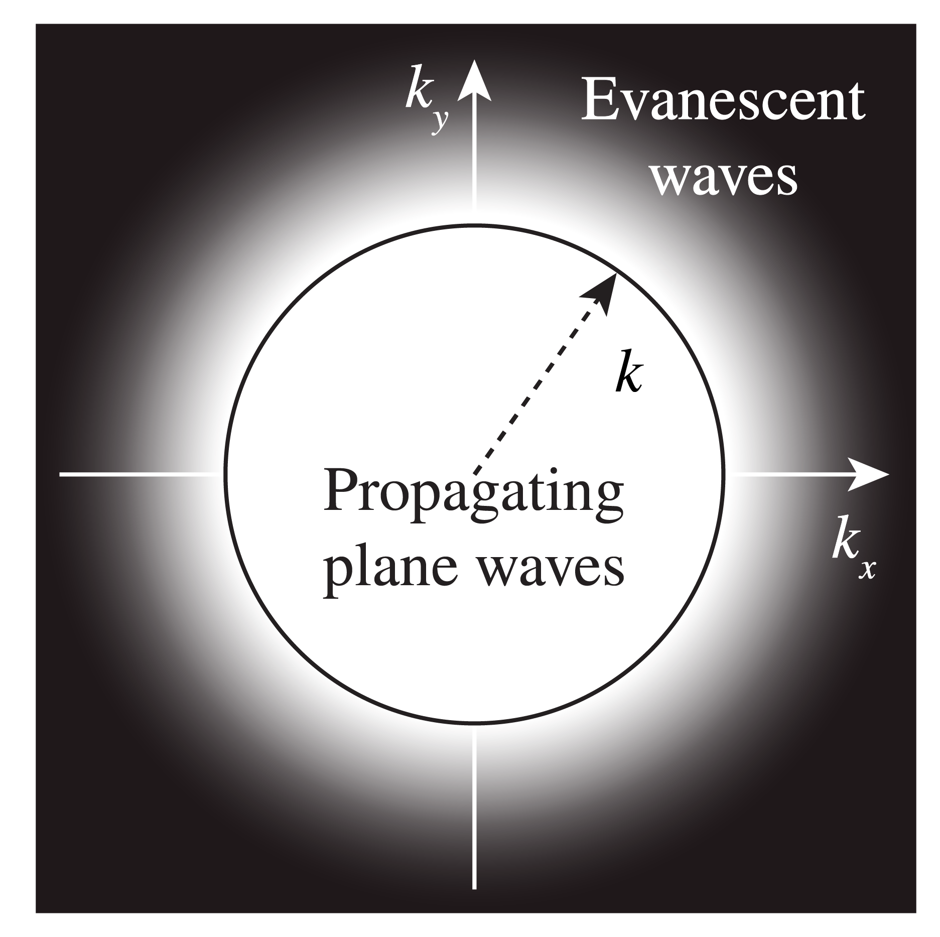 The spatial frequencies k_x, k_y of the plane waves in the angular spectrum of a time-harmonic field which propagates in the z-direction. There are two types of waves: the propagating waves with spatial frequencies inside the circle \sqrt{k_x^2+k_y^2}<k=2\pi/\lambda  and which have phase depending on the propagation distance z but constant amplitude, and the evanescent waves for which \sqrt{k_x^2+k_y^2}>k and of which the amplitude decreases exponentially during propagation.