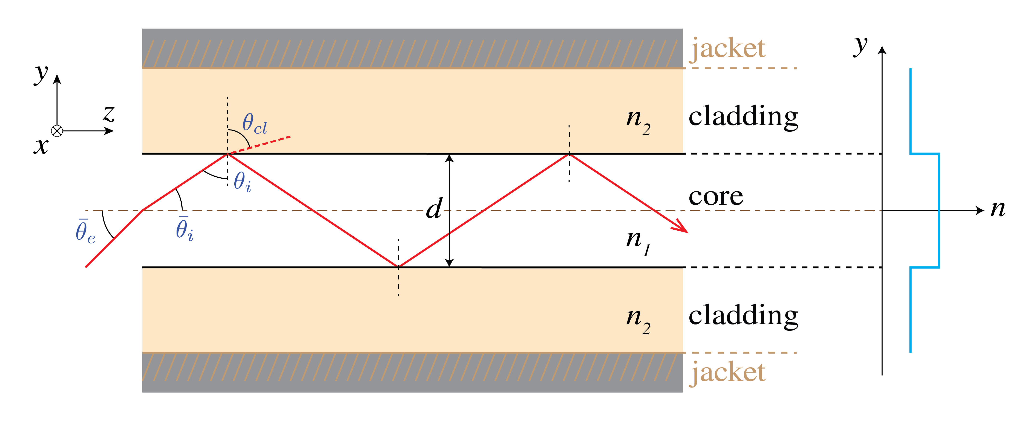 Light ray transmission through a cylindrical step-index fiber. These fibers have a core, cladding and often a jacket. For n_1>n_2 total internal reflection may occur, such that the light remains confined to the fiber.
