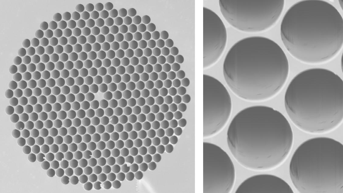SEM micrographs of US Naval Research Laboratory-produced photonic-crystal fiber. (left) The diameter of the solid core at the center of the fiber is \sim 5~\mu\text{m}, while (right) the diameter of the holes is \sim 4~\mu\text{m}. (Image courtesy of US Naval Research Laboratory / CC BY-SA)