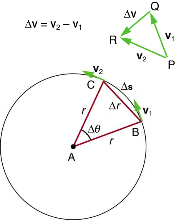 The given figure shows a circle, with a triangle having vertices A B C made from the center to the boundary. A is at the center and B and C points are at the circle path. Lines A B and A C act as radii and B C is a chord. Delta theta is shown inside the triangle, and the arc length delta s and the chord length delta r are also given. At point B, velocity of object is shown as v one and at point C, velocity of object is shown as v two. Along the circle an equation is shown as delta v equals v sub 2 minus v sub 1.