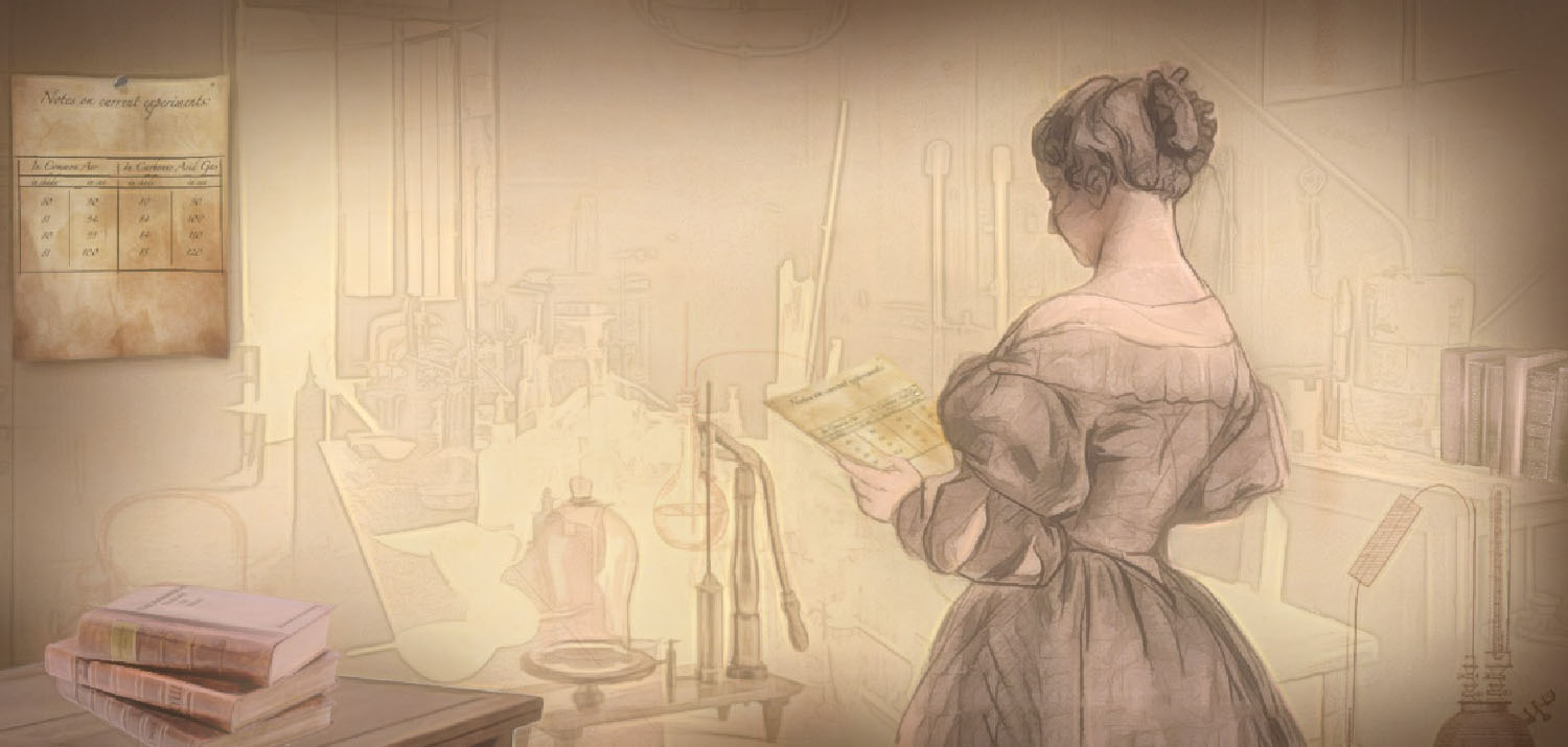 A drawing of a person standing while holding a paper on which appear to be data tables. In the background are various instruments including flasks and pumps.