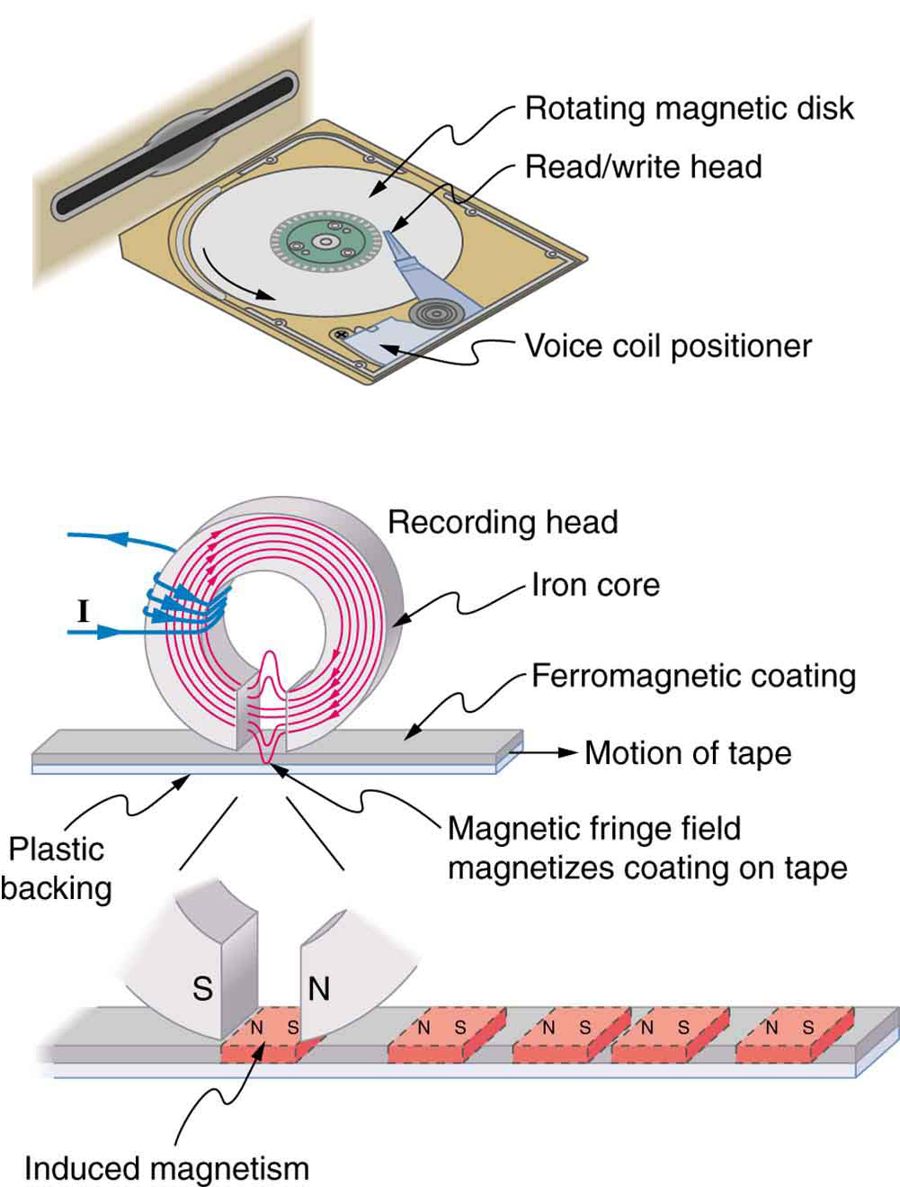 An electromagnet induces regions of permanent magnetism on a floppy disk coated with a ferromagnetic material. The information stored here is digital (a region is either magnetic or not); in other applications, it can be analog (with a varying strength), such as on audiotapes. Three views into a computer disk showing the magnetic portions of the recording head and the tape.