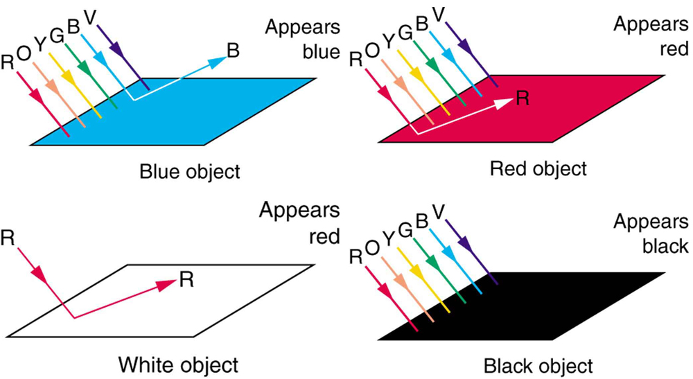 Four flat rectangular structures, named as Blue object, Red object, Black object, and White object are shown. The red, blue, and black objects are illuminated by white light shown by siX-rays of red, orange, yellow, green, blue, and violet. The blue rectangle is emitting blue ray and it appears blue. The red rectangle is emitting red ray and it appears red while the black rectangle has absorbed all colors and appears black. The white rectangle is illuminated only by red light and emits red ray but appears white.