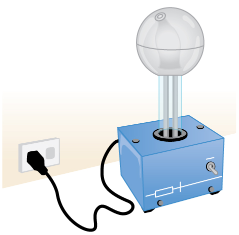The image shows a table-top-sized electrical machine. It has a cubic base out of which comes a clear vertical tube about half-a-meter long. Inside the tube a conveyor belt is seen running up and down the tube. On top of the tube is a metallic sphere maybe thirty centimeters in diameter.